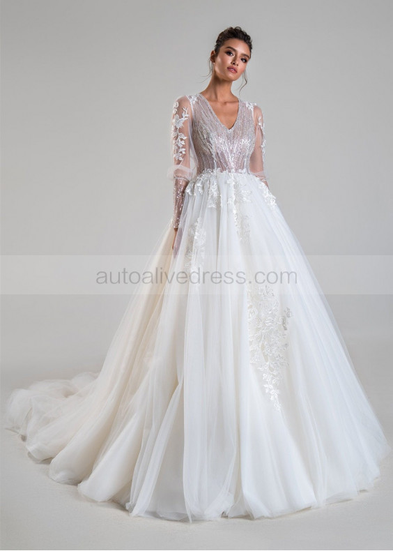 V Neck Ivory Lace Tulle Sequins Keyhole Back Wedding Dress